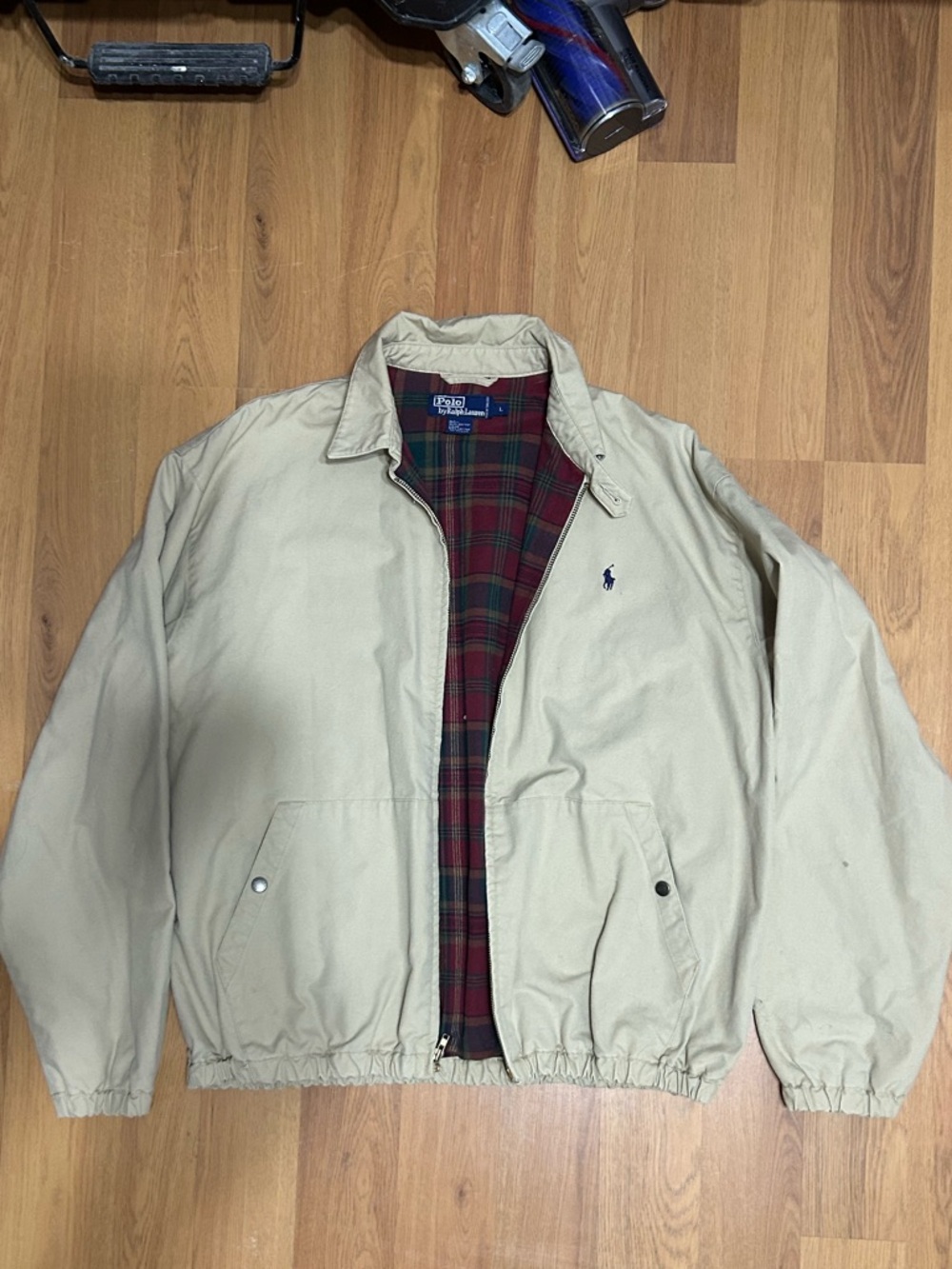 Polo Ralph Lauren Jacket Mens Large Tan Harrington Plaid Lined Full Zip
